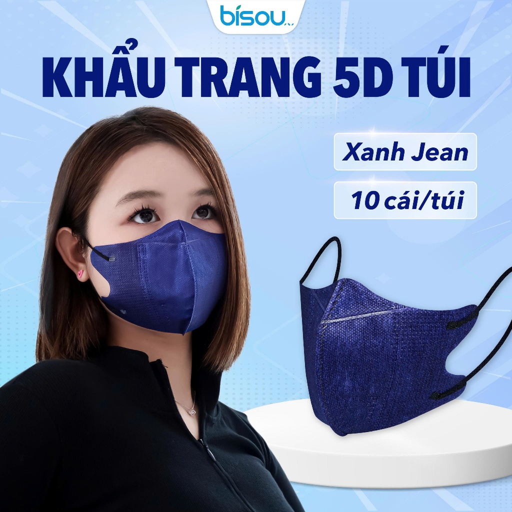 Túi 10 cái khẩu trang cao cấp 5D hiệu BISOU, thiết kế thời trang