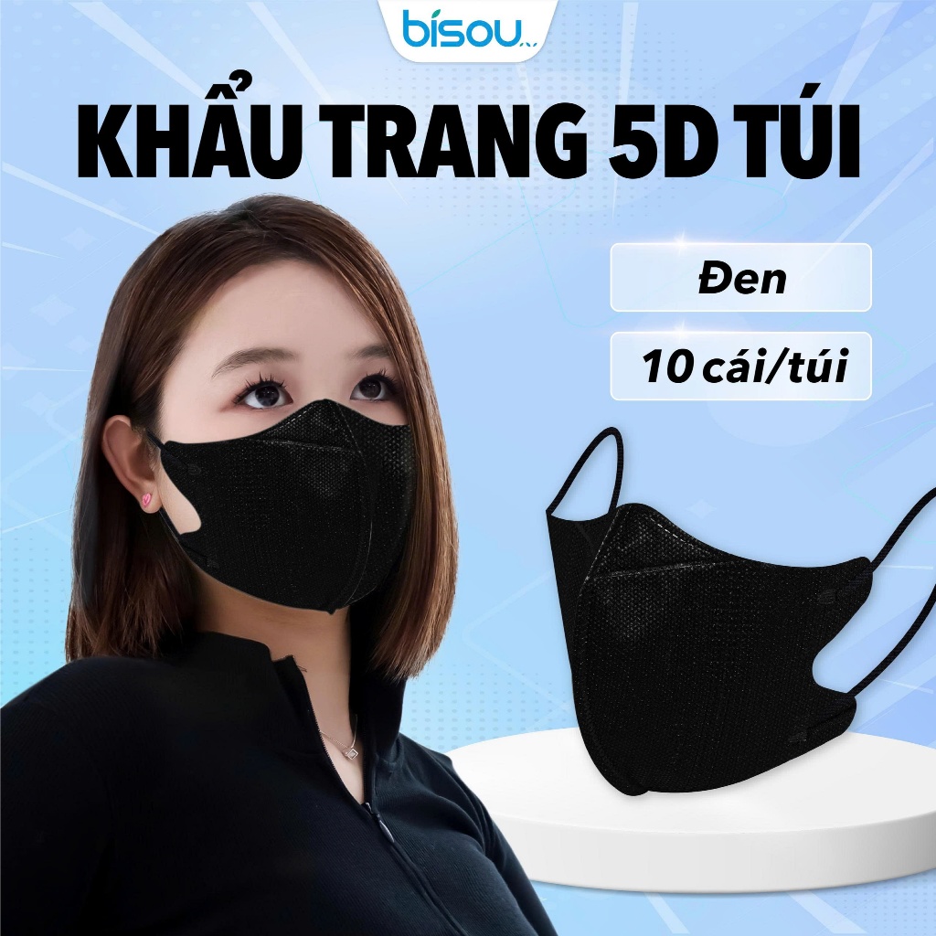 Túi 10 cái khẩu trang cao cấp 5D hiệu BISOU, thiết kế thời trang