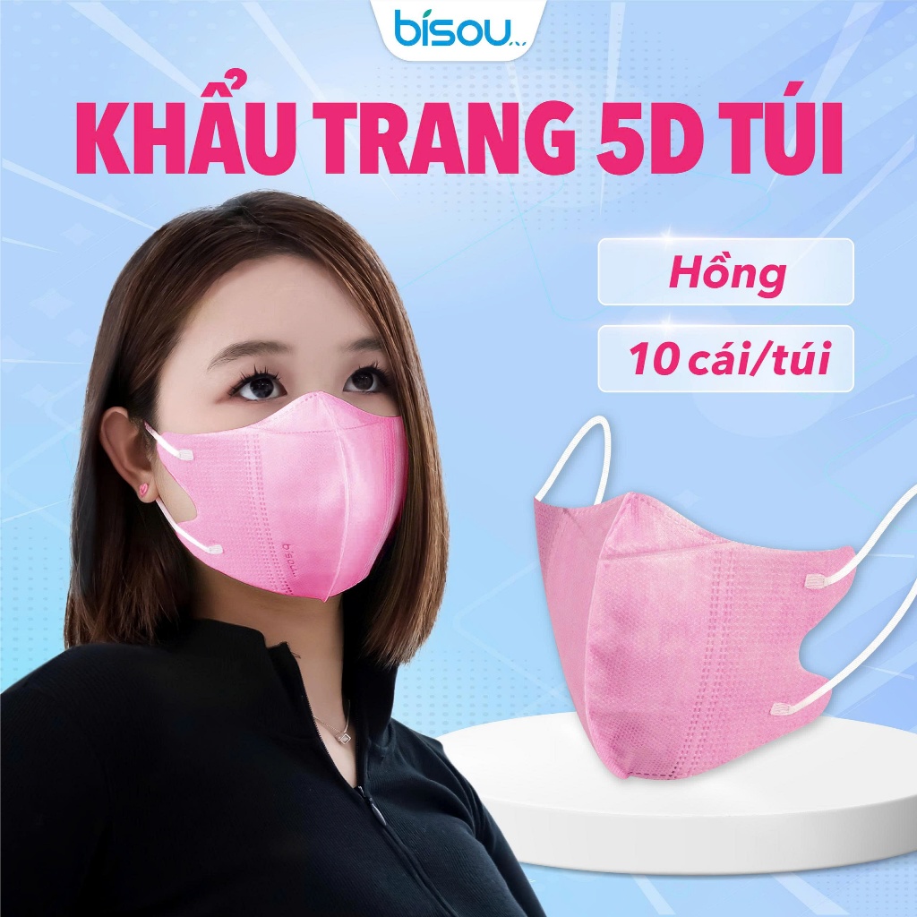 Túi 10 cái khẩu trang cao cấp 5D hiệu BISOU, thiết kế thời trang
