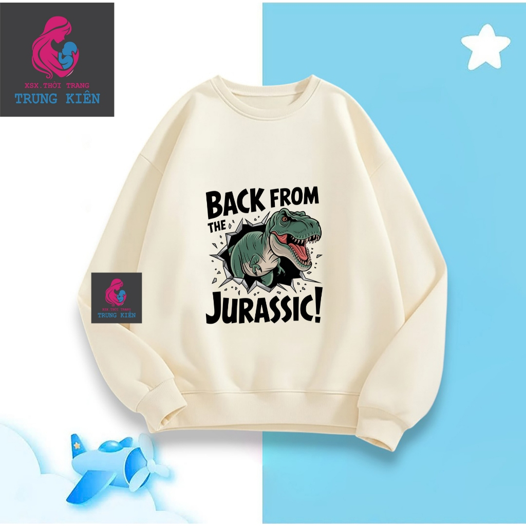 Áo Sweater Thu Đông Trẻ Em, Khủng Long Xanh Jurassic! Dễ Thương, Vải Nỉ Cotton Ấm Áp Mềm Mại (M336)
