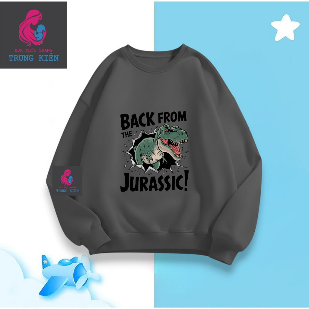 Áo Sweater Thu Đông Trẻ Em, Khủng Long Xanh Jurassic! Dễ Thương, Vải Nỉ Cotton Ấm Áp Mềm Mại (M336)
