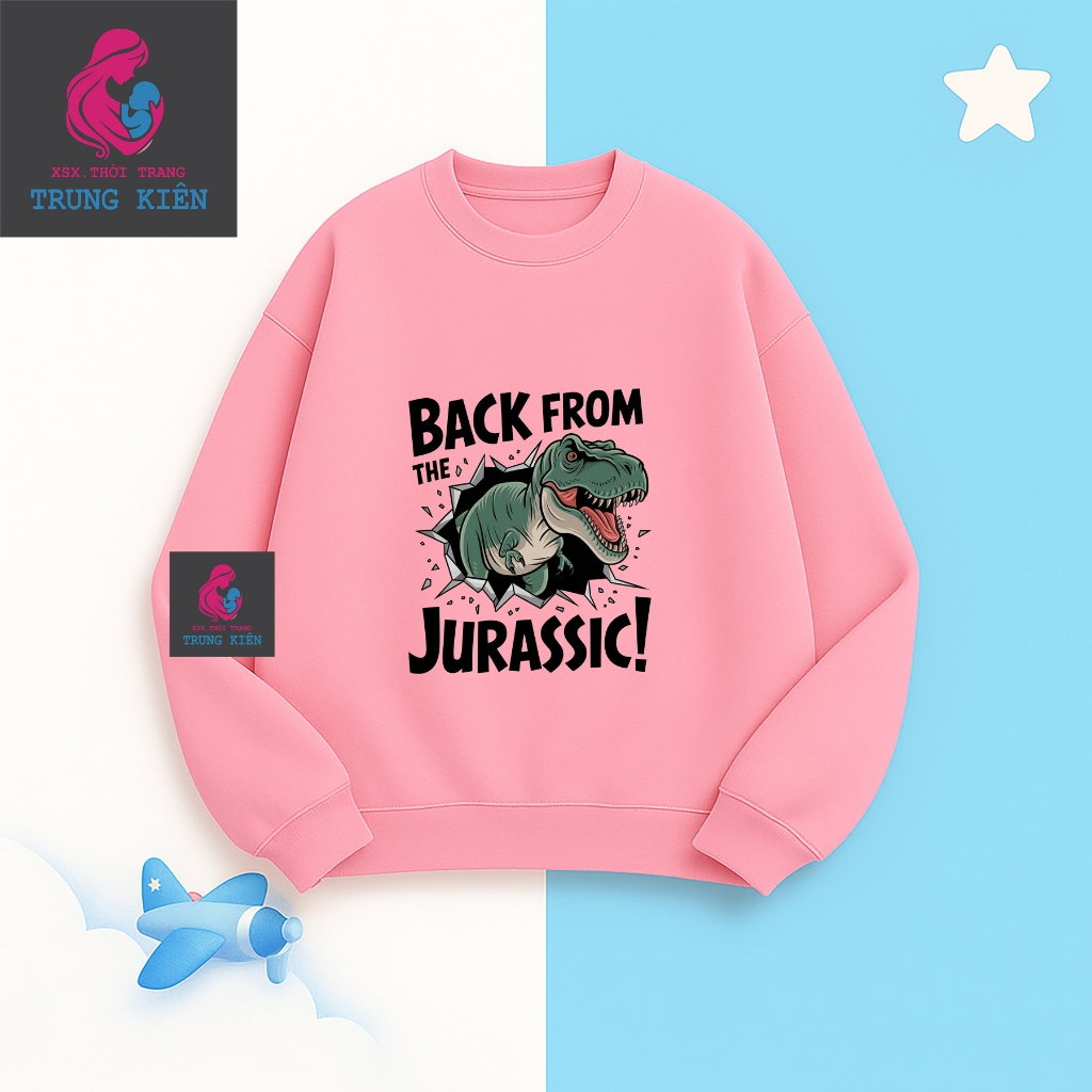 Áo Sweater Thu Đông Trẻ Em, Khủng Long Xanh Jurassic! Dễ Thương, Vải Nỉ Cotton Ấm Áp Mềm Mại (M336)