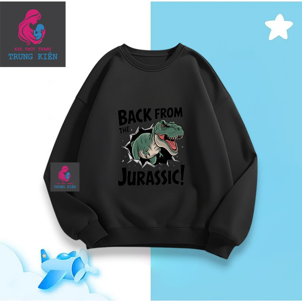 Áo Sweater Thu Đông Trẻ Em, Khủng Long Xanh Jurassic! Dễ Thương, Vải Nỉ Cotton Ấm Áp Mềm Mại (M336)