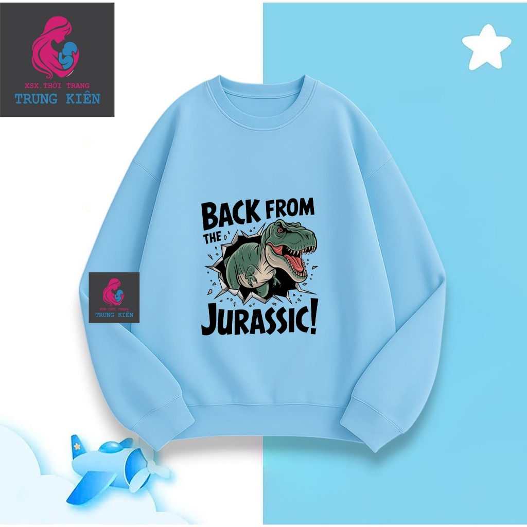 Áo Sweater Thu Đông Trẻ Em, Khủng Long Xanh Jurassic! Dễ Thương, Vải Nỉ Cotton Ấm Áp Mềm Mại (M336)