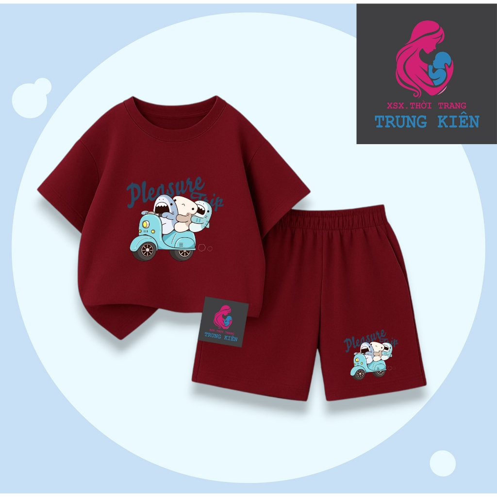 Bộ Quần Áo Cộc Tay Cho Bé, Hình Cá Mập Đi Xe Máy Pleasure Trip, Chất Thun Cotton Mềm Mại (M335)