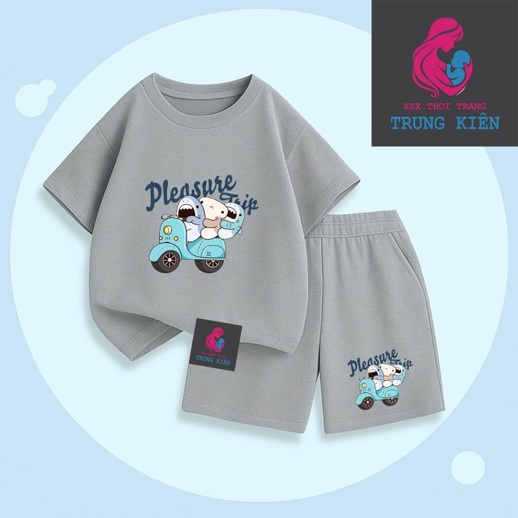 Bộ Quần Áo Cộc Tay Cho Bé, Hình Cá Mập Đi Xe Máy Pleasure Trip, Chất Thun Cotton Mềm Mại (M335)