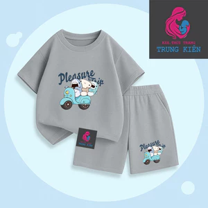 Bộ Quần Áo Cộc Tay Cho Bé, Hình Cá Mập Đi Xe Máy Pleasure Trip, Chất Thun Cotton Mềm Mại (M335)