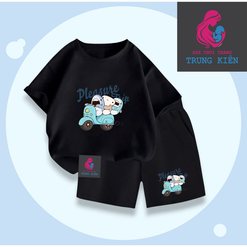 Bộ Quần Áo Cộc Tay Cho Bé, Hình Cá Mập Đi Xe Máy Pleasure Trip, Chất Thun Cotton Mềm Mại (M335)