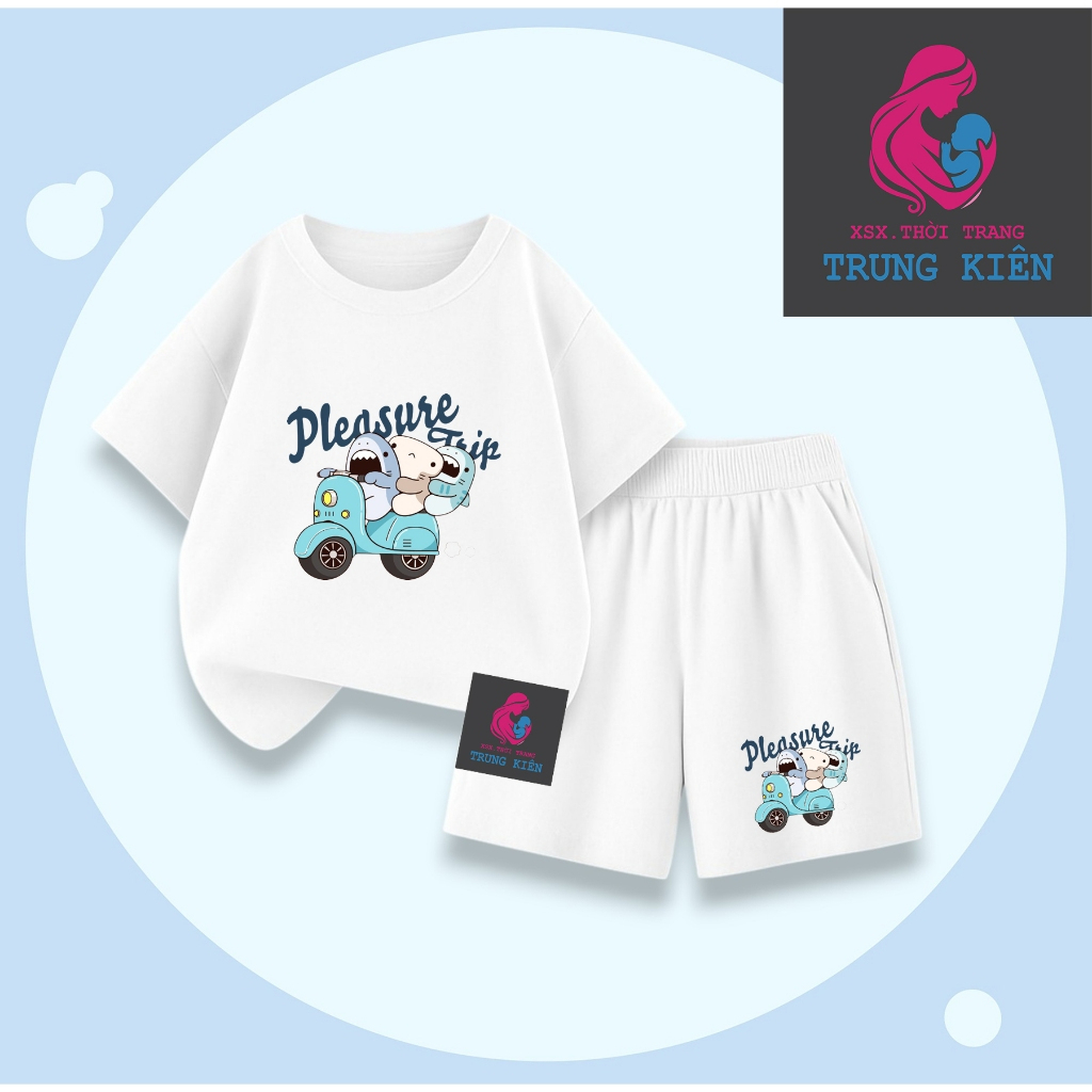 Bộ Quần Áo Cộc Tay Cho Bé, Hình Cá Mập Đi Xe Máy Pleasure Trip, Chất Thun Cotton Mềm Mại (M335)