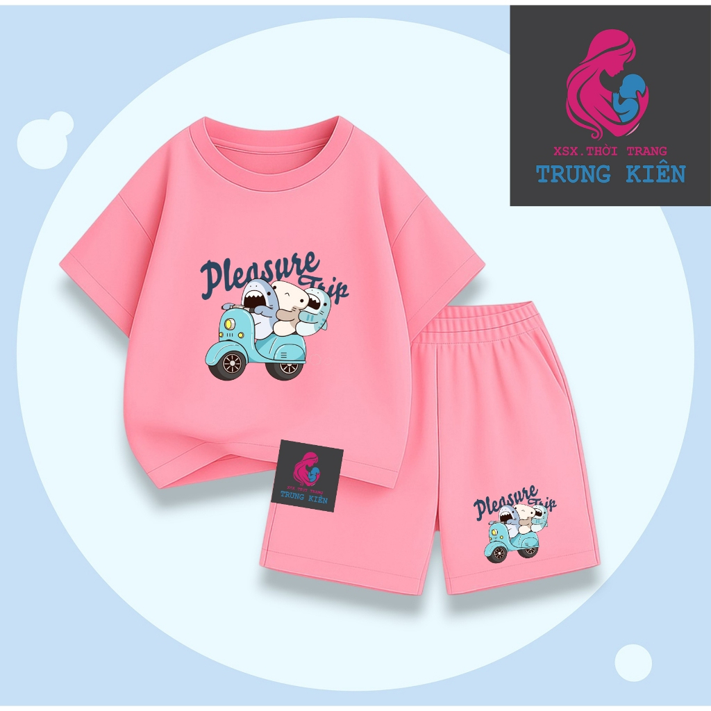 Bộ Quần Áo Cộc Tay Cho Bé, Hình Cá Mập Đi Xe Máy Pleasure Trip, Chất Thun Cotton Mềm Mại (M335)