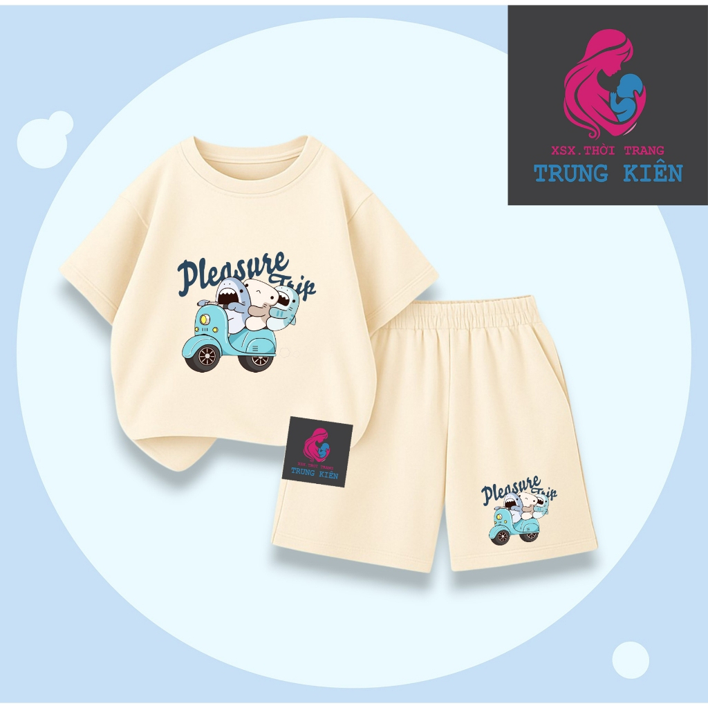 Bộ Quần Áo Cộc Tay Cho Bé, Hình Cá Mập Đi Xe Máy Pleasure Trip, Chất Thun Cotton Mềm Mại (M335)