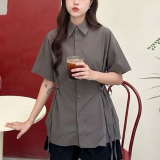 Áo sơ mi đũi nữ dáng rộng tay ngắn cổ bẻ dây rút hai bên màu trắng đen xám xanh VANISA CT488