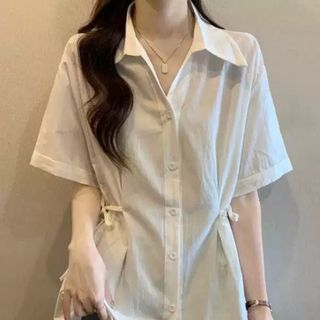 Áo sơ mi đũi sần nữ dáng rộng cổ bẻ buộc dây hai bên màu trắng đen xám xanh VANISA CT488