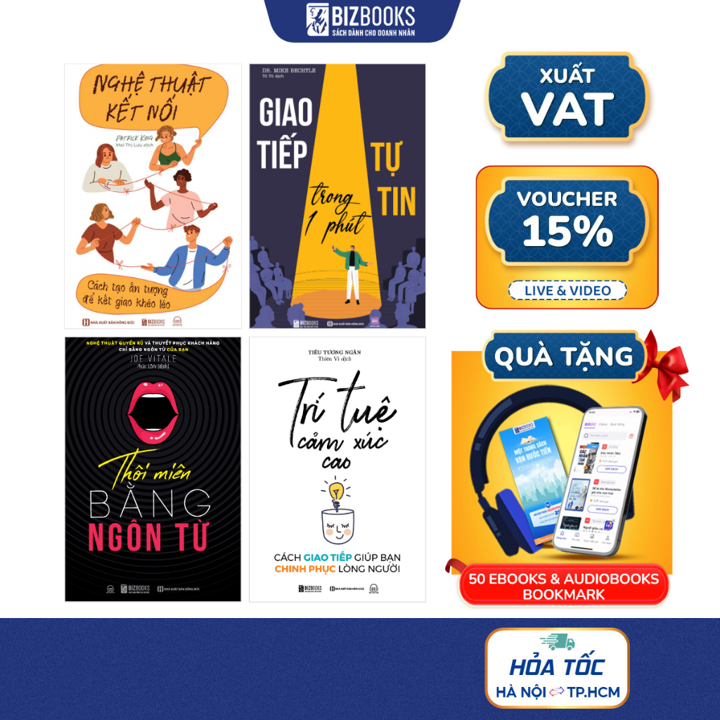 Bộ Sách Thôi Miên Bằng Ngôn Từ, Trí Tuệ Cảm Xúc Cao, Nghệ Thuật Kết Nối, Giao Tiếp Tự Tin Trong 1 Phút - Bizbooks