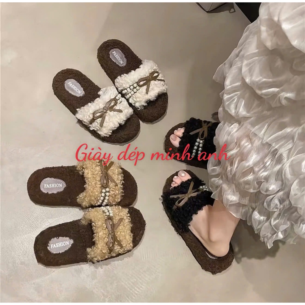 Dép Lông Nữ Đính Nơ Ngọc Sang Chảnh,Dép Lông Đi Trong Nhà Mềm Êm Ấm Chống Trơn Trượt