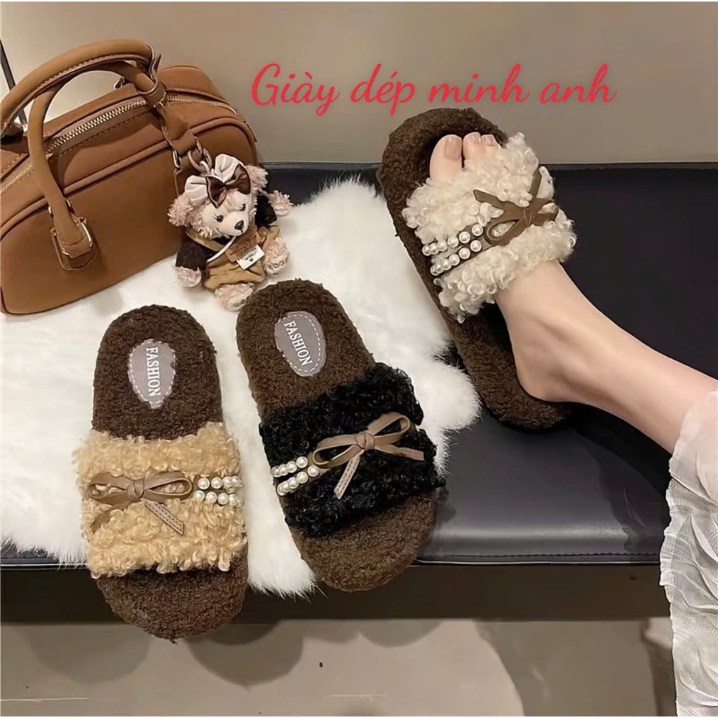 Dép Lông Nữ Đính Nơ Ngọc Sang Chảnh,Dép Lông Đi Trong Nhà Mềm Êm Ấm Chống Trơn Trượt