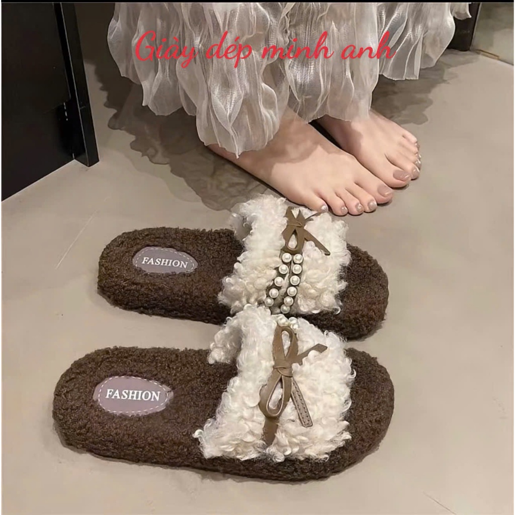 Dép Lông Nữ Đính Nơ Ngọc Sang Chảnh,Dép Lông Đi Trong Nhà Mềm Êm Ấm Chống Trơn Trượt