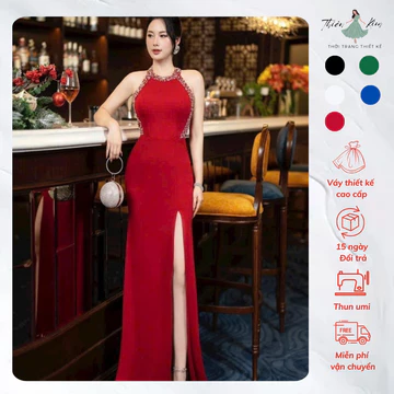 Dạ Hội Yếm Đính Kết Sẻ Đùi, Váy Dạ Hội Trung Niên Quyến Rũ, Váy Dạ Tiệc Bigsize Mã Dạ Hội M30