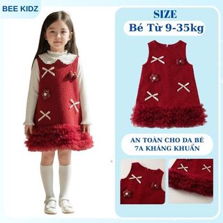Váy Dạ Cho Bé Gá, Váy Dạ Tone Đỏ Sát Nách Cho Bé  Chất Dạ Cao Cấp Thiết Kế Tiểu Thư Voan Bồng Xòe