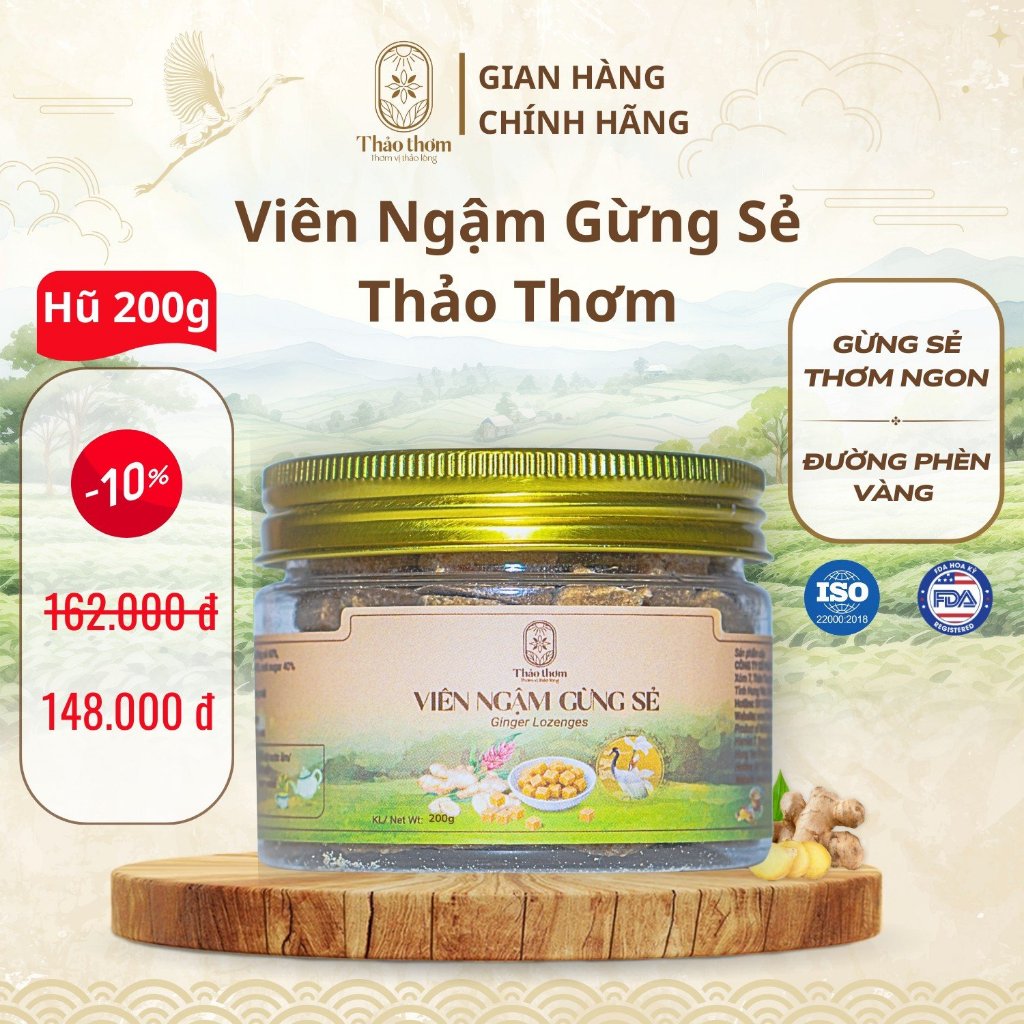 Viên Ngậm Gừng Nguyên Chất Thảo Thơm, Hũ 200Gram, Hộp ~ 130 Viên