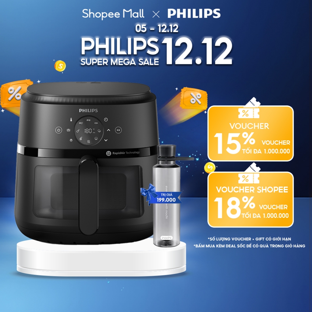 Nồi Chiên Không Dầu Điện Tử Philips NA230/00 6.2 lít |1700W | Cửa Sổ Kính, - Hàng Chính Hãng