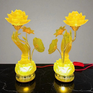 [TẶNG BÓNG LED] Set 2 Đèn Thờ Hoa Sen Lưu Ly Bàn Tay Phật 7 Màu Trang Trí Bàn Thờ Gia Tiên, Đèn Thờ Tượng Tay Phật