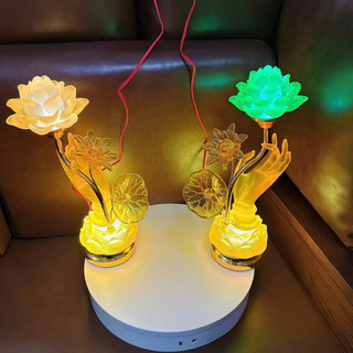 [TẶNG BÓNG LED] Set 2 Đèn Thờ Hoa Sen Lưu Ly Bàn Tay Phật 7 Màu Trang Trí Bàn Thờ Gia Tiên, Đèn Thờ Tượng Tay Phật