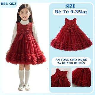 Váy Dạ Bé Gái, Váy Dạ Cho Bé Gái Thiết Kế Công Chúa Sang Trọng Kèm Nơ Voan Tầng Tiểu Thư Bồng Xòe