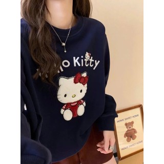 Áo sweater chất nỉ bông cổ tròn in hình hello kitty dành cho nữ