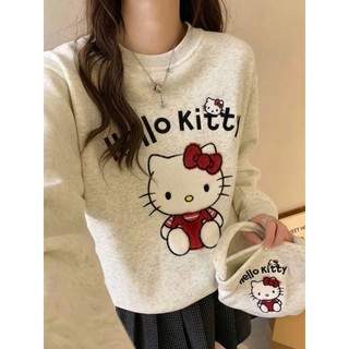 Áo sweater chất nỉ bông cổ tròn in hình hello kitty dành cho nữ