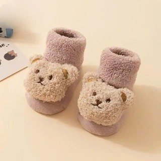 Tất vớ tập đi cho bé lót lông mềm hình gấu bông, ấm áp, chống trượt, co giãn tốt, size S/M cho bé sơ sinh & tập đi