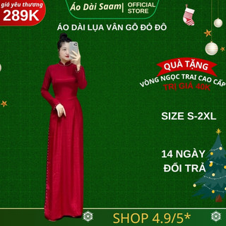 Áo dài lụa vân gỗ đỏ đô Tà A Saam thiết kế tay dài form truyền thống đính kết hạt ngọc 2026