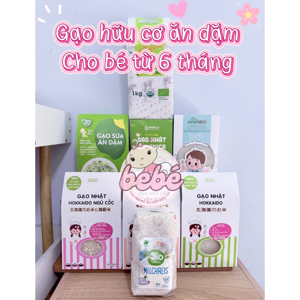 Gạo hữu cơ cho bé ăn dặm Hasabio, Hoa nắng,…Gạo nấu cháo cơm ăn dặm cho bé từ 6 tháng