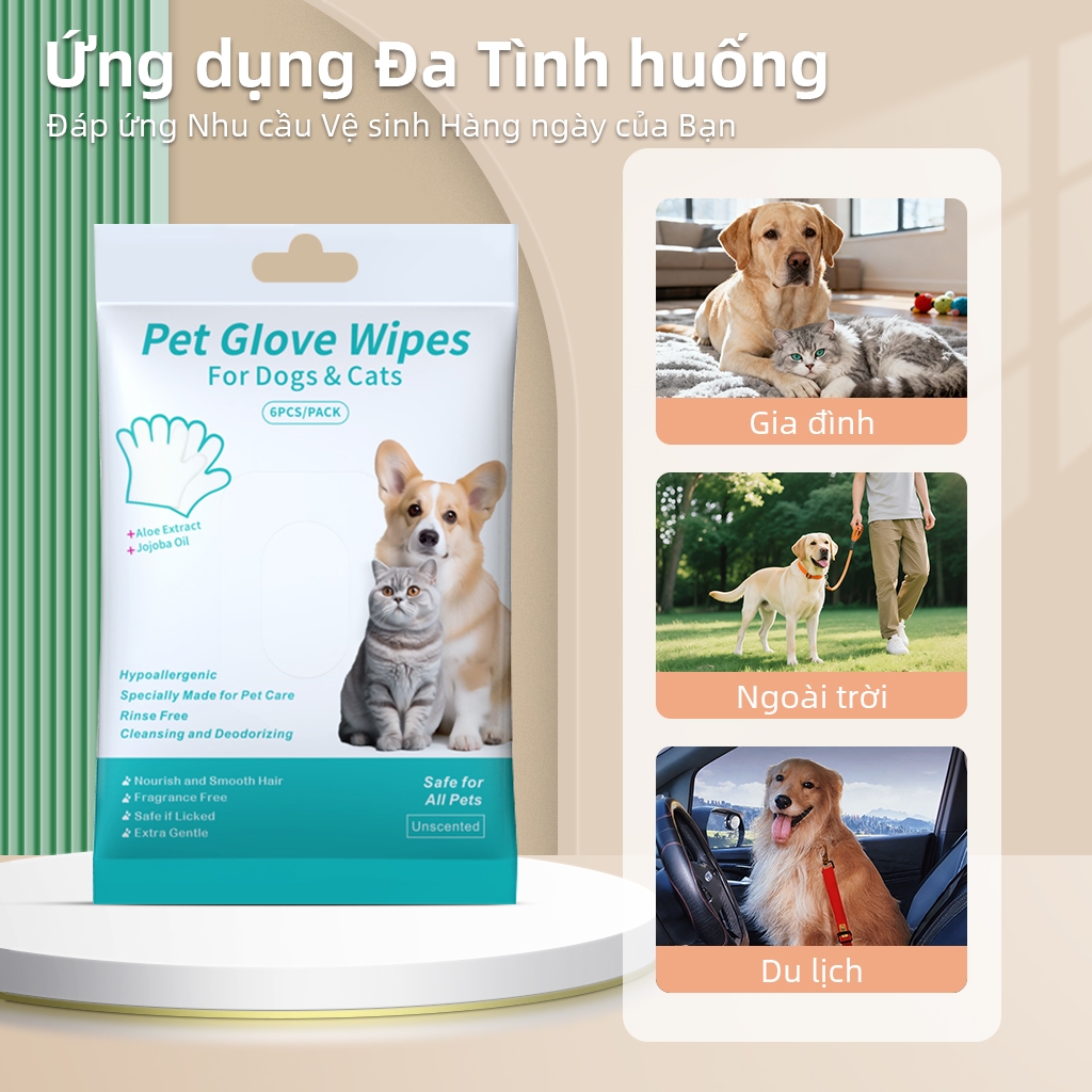 ⭐Paw Globe:đồ dùng cho thú cưng Găng tay vệ sinh thú cưng không nước dùng một lần Loại bỏ mùi Làm Sạch Sâu 6/PCS