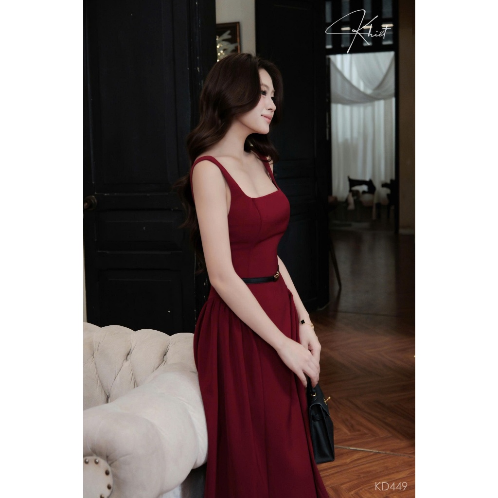 Đầm midi Khiết tone đỏ đô trendy, thiết kế cổ vuông thanh lịch đi kèm belt da sang trọng KD449 KD449A KD449B