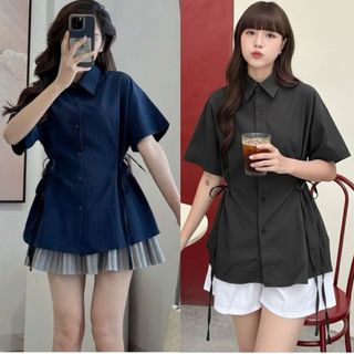 Áo sơ mi đũi nữ dáng rộng tay ngắn cổ bẻ dây rút hai bên màu trắng đen xám xanh VANISA CT488