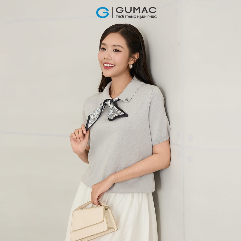 [NEW] Áo len nữ GUMAC dệt kim phối cổ form suông tay ngắn  AF12018