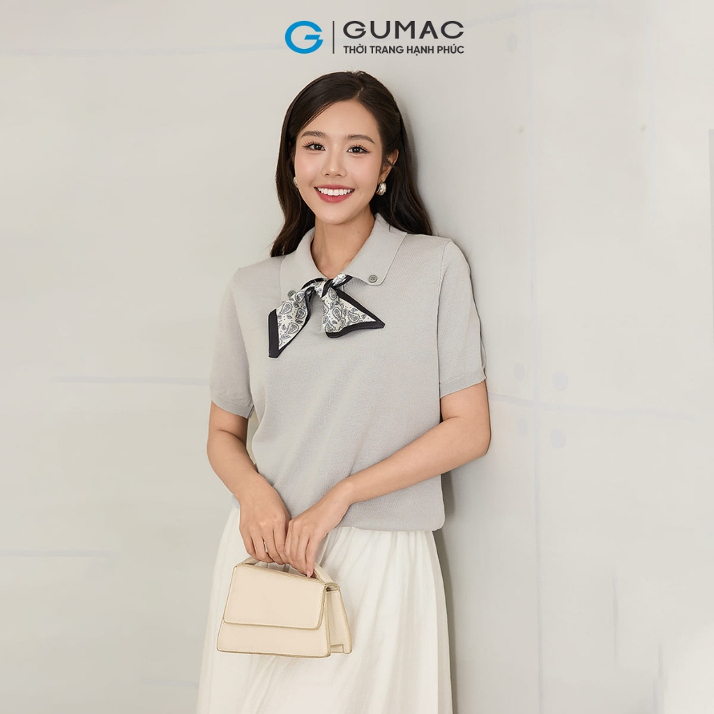 [NEW] Áo len nữ GUMAC dệt kim phối cổ form suông tay ngắn  AF12018