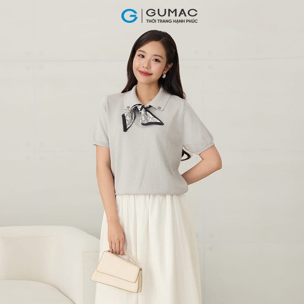 [NEW] Áo len nữ GUMAC dệt kim phối cổ form suông tay ngắn  AF12018