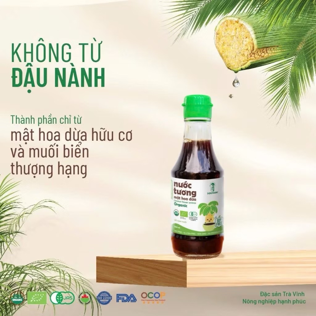 Gia Vị Mật Hoa Dừa Hữu Cơ Sokfarm. Nước tương ít muối, mật hoa dừa, đường organic Sokfarm