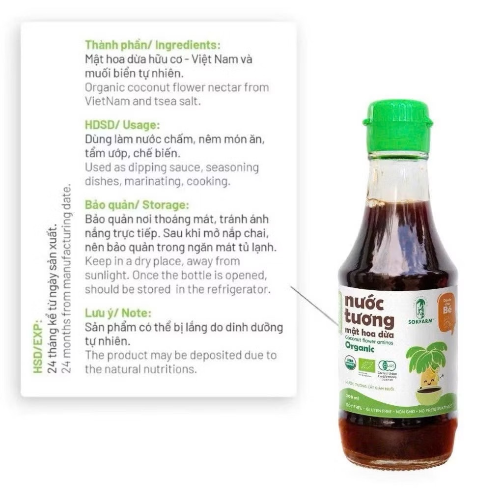 Gia Vị Mật Hoa Dừa Hữu Cơ Sokfarm. Nước tương ít muối, mật hoa dừa, đường organic Sokfarm