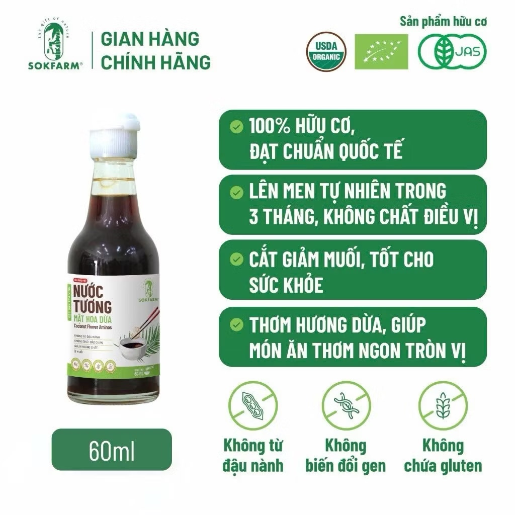 Gia Vị Mật Hoa Dừa Hữu Cơ Sokfarm. Nước tương ít muối, mật hoa dừa, đường organic Sokfarm