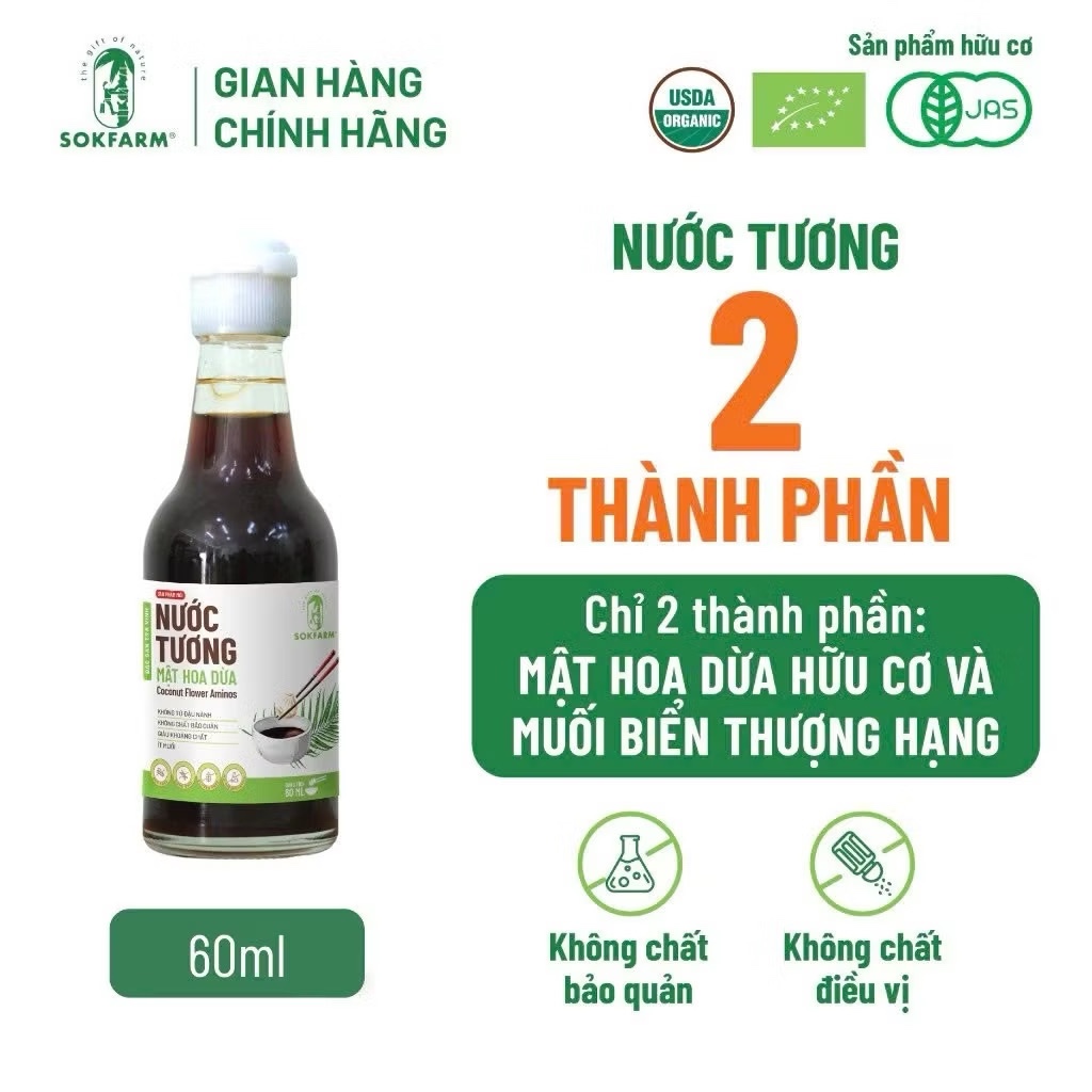 Gia Vị Mật Hoa Dừa Hữu Cơ Sokfarm. Nước tương ít muối, mật hoa dừa, đường organic Sokfarm