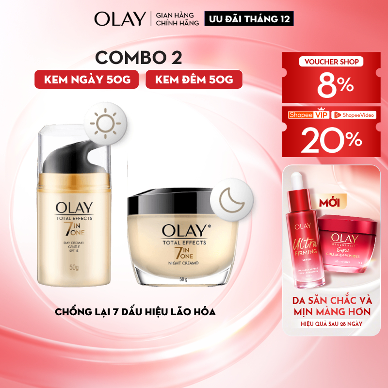 Bộ Kem Dưỡng OLAY TOTAL EFFECTS Ngày & Đêm Phục Hồi & Ngăn 7 Dấu Hiệu Lão Hóa 50G X2