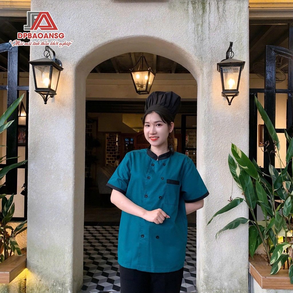 Áo Bếp Màu Xanh Tay Ngắn, áo đồng phục nam nữ đầu bếp nhà hàng, khách sạn