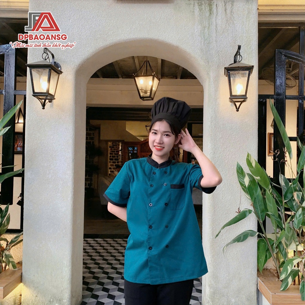Áo Bếp Màu Xanh Tay Ngắn, áo đồng phục nam nữ đầu bếp nhà hàng, khách sạn