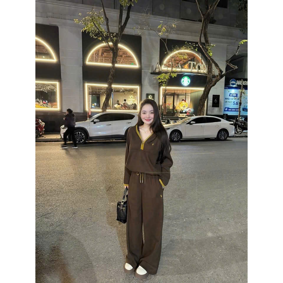 NH CLOTHER - Bộ Quần Áo Nữ Dài Tay Ống Suông Rộng Màu Chocolate Thanh Lịch Khóa Kéo Nửa Cổ Polo Gân Tăm Dây Rút