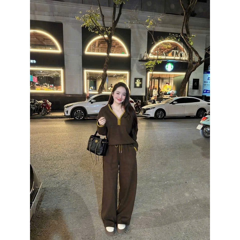 NH CLOTHER - Bộ Quần Áo Nữ Dài Tay Ống Suông Rộng Màu Chocolate Thanh Lịch Khóa Kéo Nửa Cổ Polo Gân Tăm Dây Rút