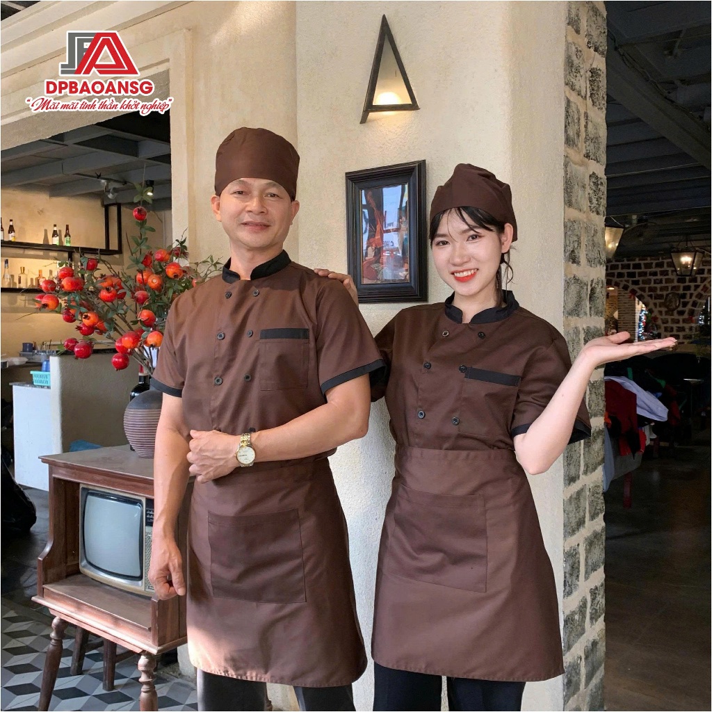 Áo Bếp Ngắn Tay Đồng Phục Đầu Bếp Màu Nâu Nam Nữ Nhà Hàng, Quán Ăn, Khách Sạn, Resort
