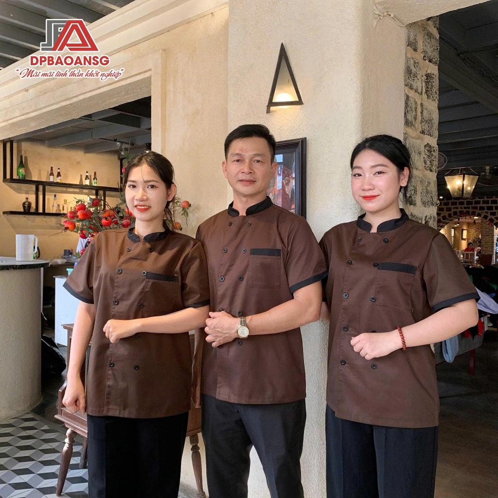 Áo Bếp Ngắn Tay Đồng Phục Đầu Bếp Màu Nâu Nam Nữ Nhà Hàng, Quán Ăn, Khách Sạn, Resort